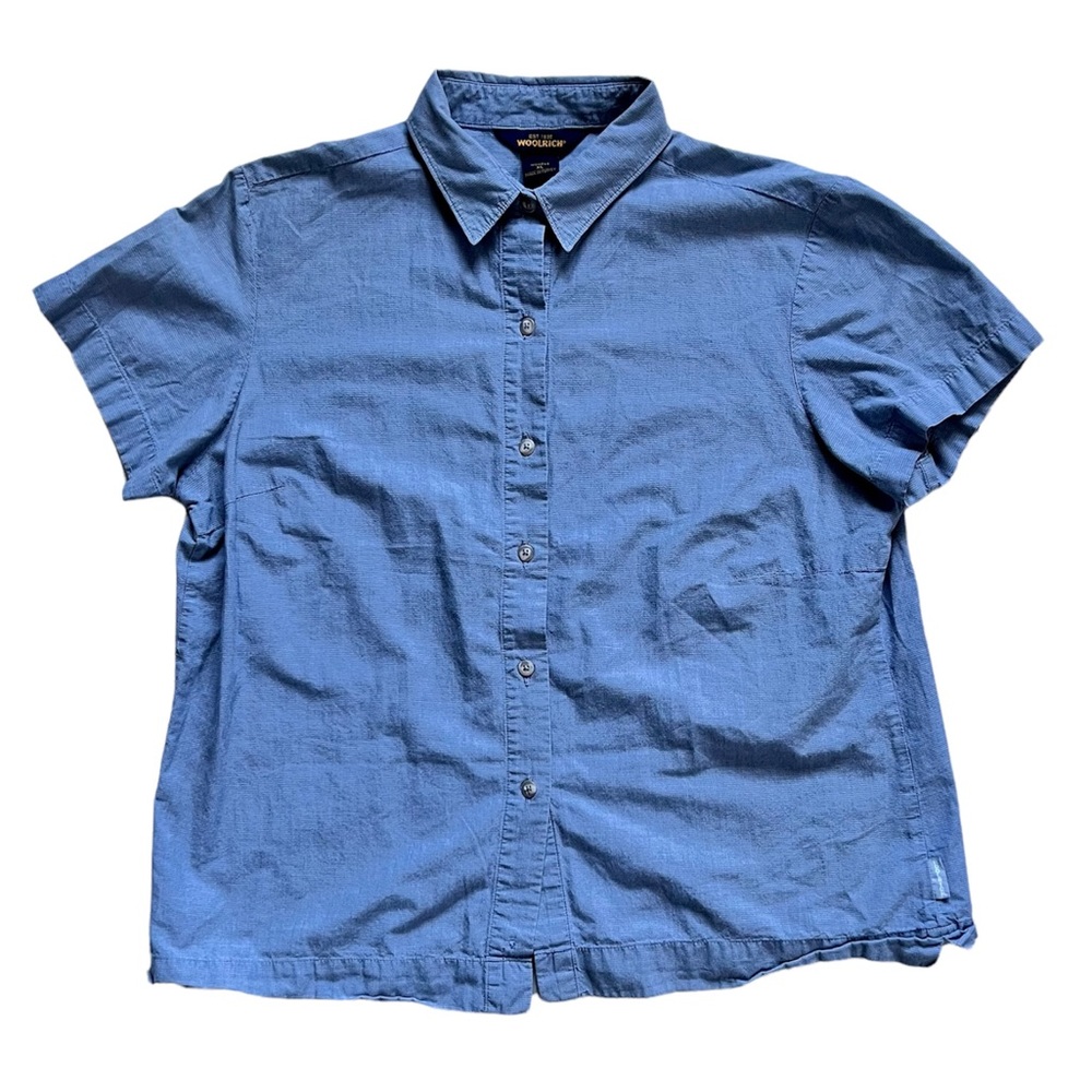 Woolrich Women Blue Short Sleeve Button Down Cotton Work Casual Shirt Top EUC XL